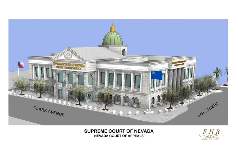 Illustration of the Supreme Court of Nevada and Nevada Court of Appeals building located at the corner of Clark Avenue and 4th Street in North Las Vegas. An American flag and Nevada state flag are visible.