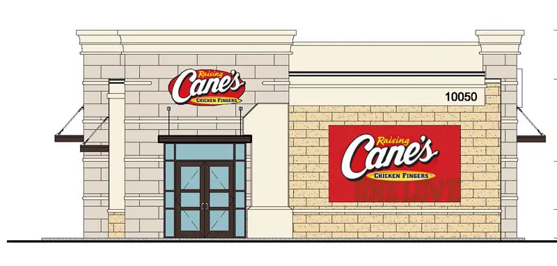 Illustration of a Raising Cane's Chicken Fingers restaurant exterior in North Las Vegas, featuring a prominent logo on the facade and the number 10050 on the building, with Adamik Electric providing reliable electric service.